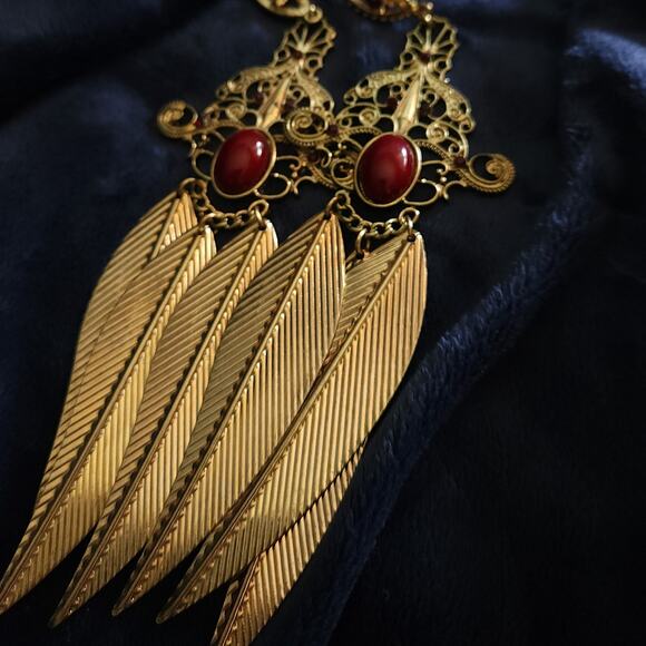 Ornate Statement Earrings Brass Feathers Etched with Blood Red Cabochon Stones - Picture 4 of 6